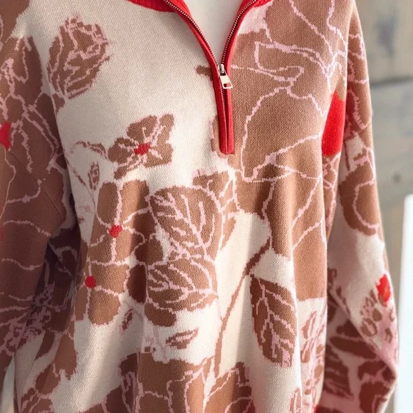 Impressions Floral Patterned Zip-Up Sweater - Orange and Brown Sz L - Picture 5 of 7